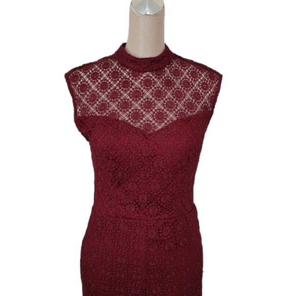 2/$30 BISOU Bisou Sleeveless High Neck Eyelet Lace Midi Dark Cherry Red Dress - Picture 5 of 11